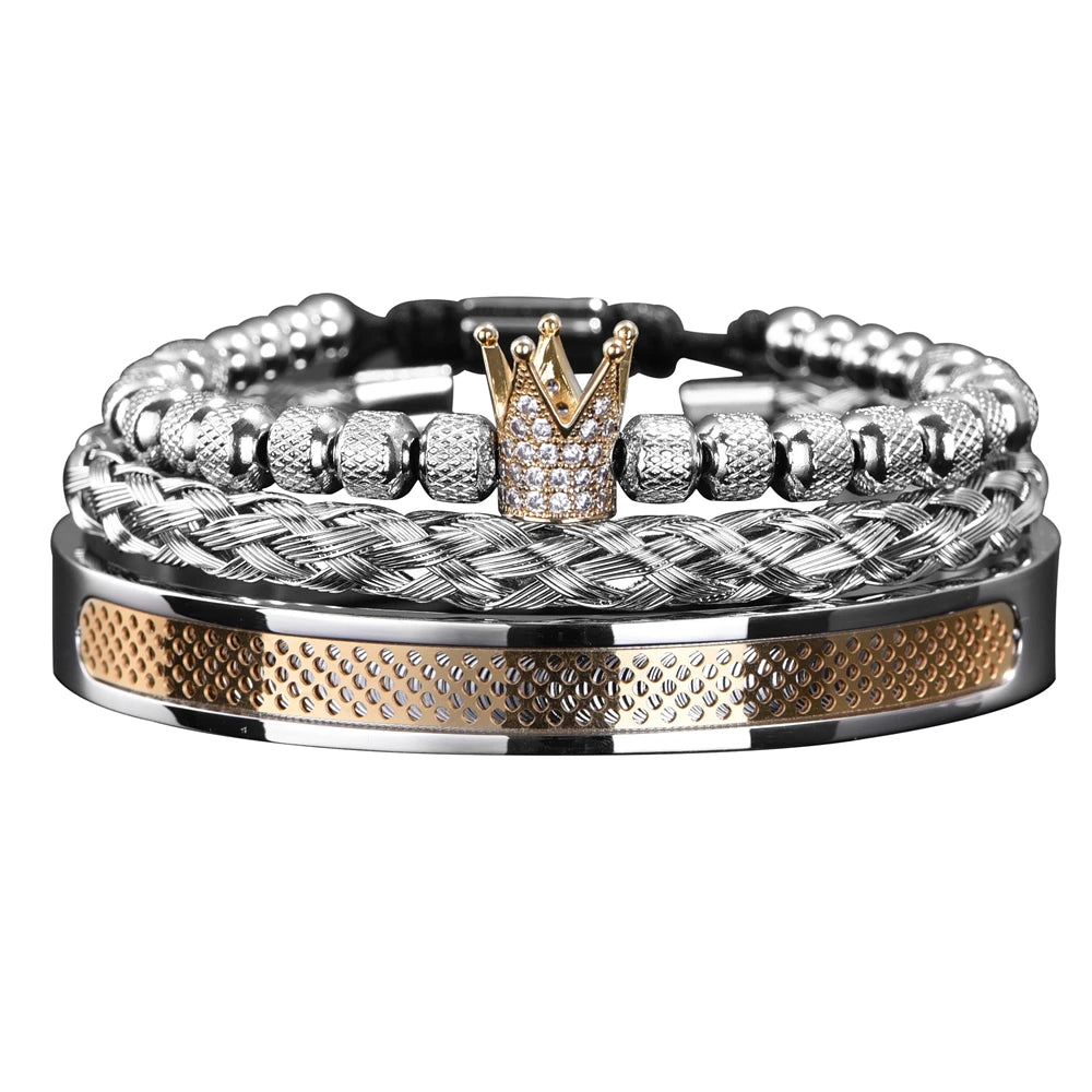 Luxury Set  Handmade Men Crown Bracelets Contrast Colour Bangles Hemp Rope Buckle Open Stainless Steel Micro Pave CZ Jewelry