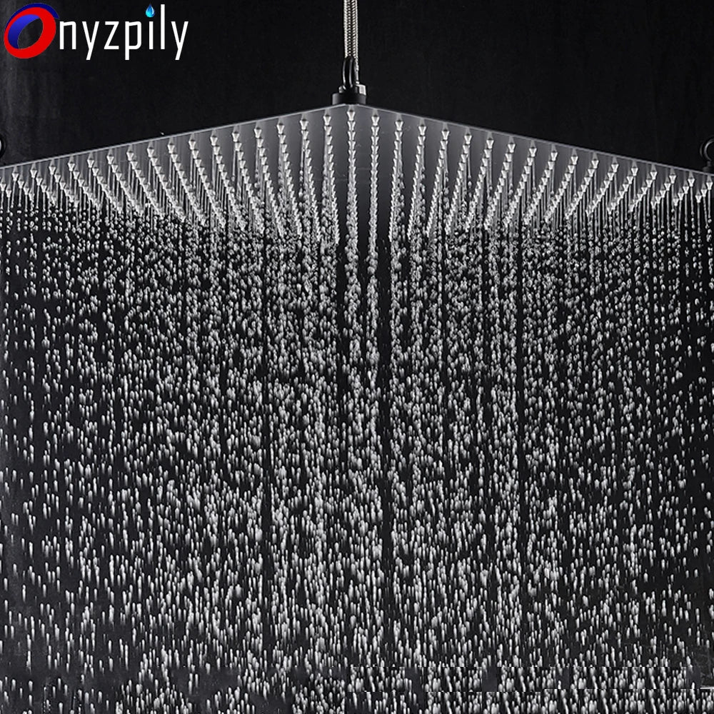 Black Rainfall Shower Head LED Light 20‘’ Large Rainfall Shower Faucet Head Square Brass Showerhead Color Changing Head