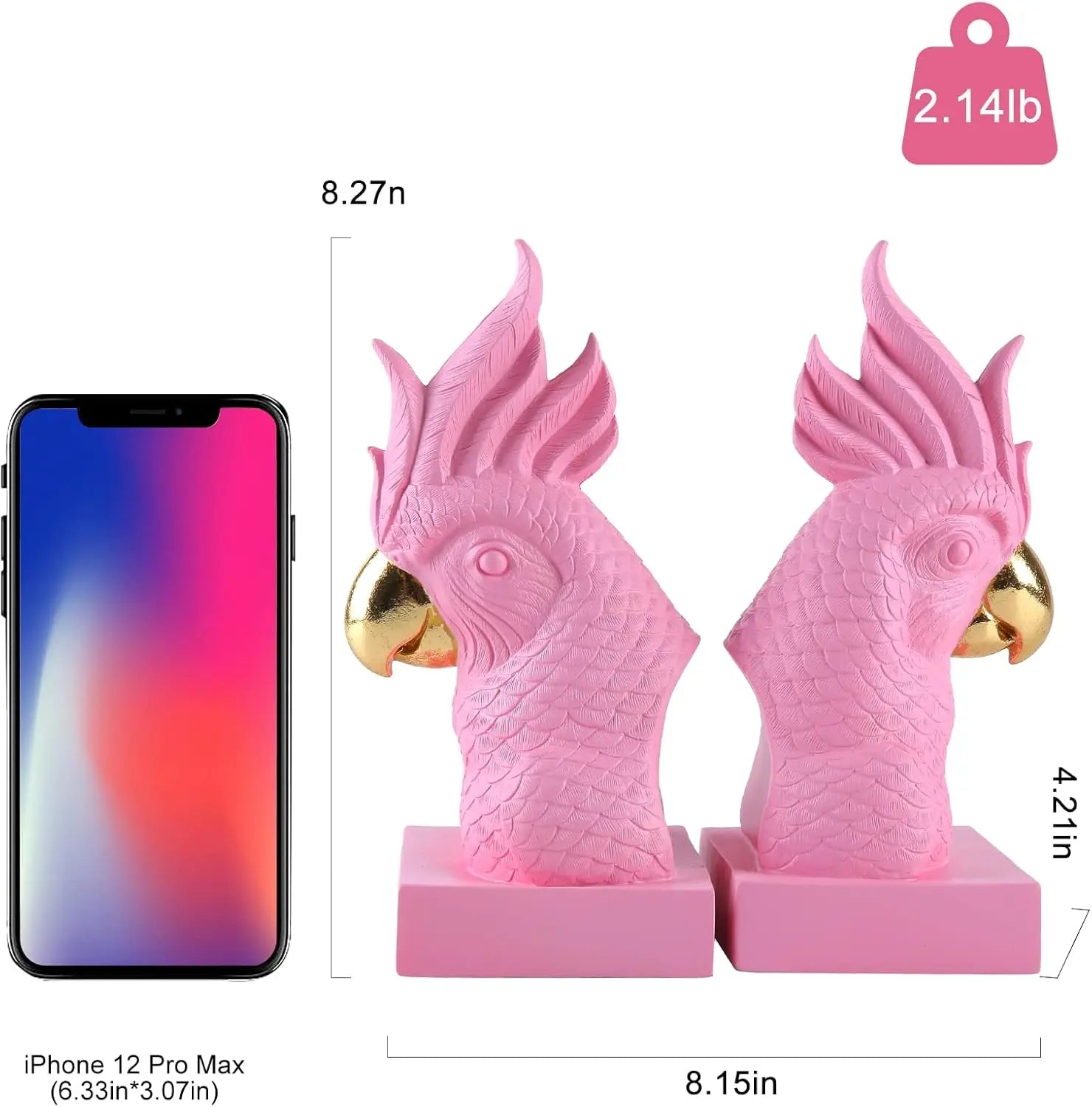 Pink Parrot Decorative Bookends Set of 2 Cute Bird Animal Sculpture Book Ends Resin Statues Book Stopper for Home Decor