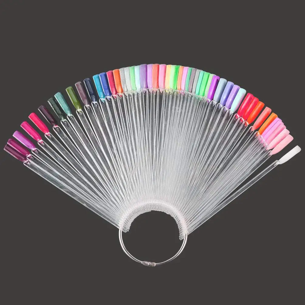 50PCS Fan shaped False Nail Swatch Sticks Nail Polish Practice Display Art Tips Nail Sample Sticks With Metal Split Ring