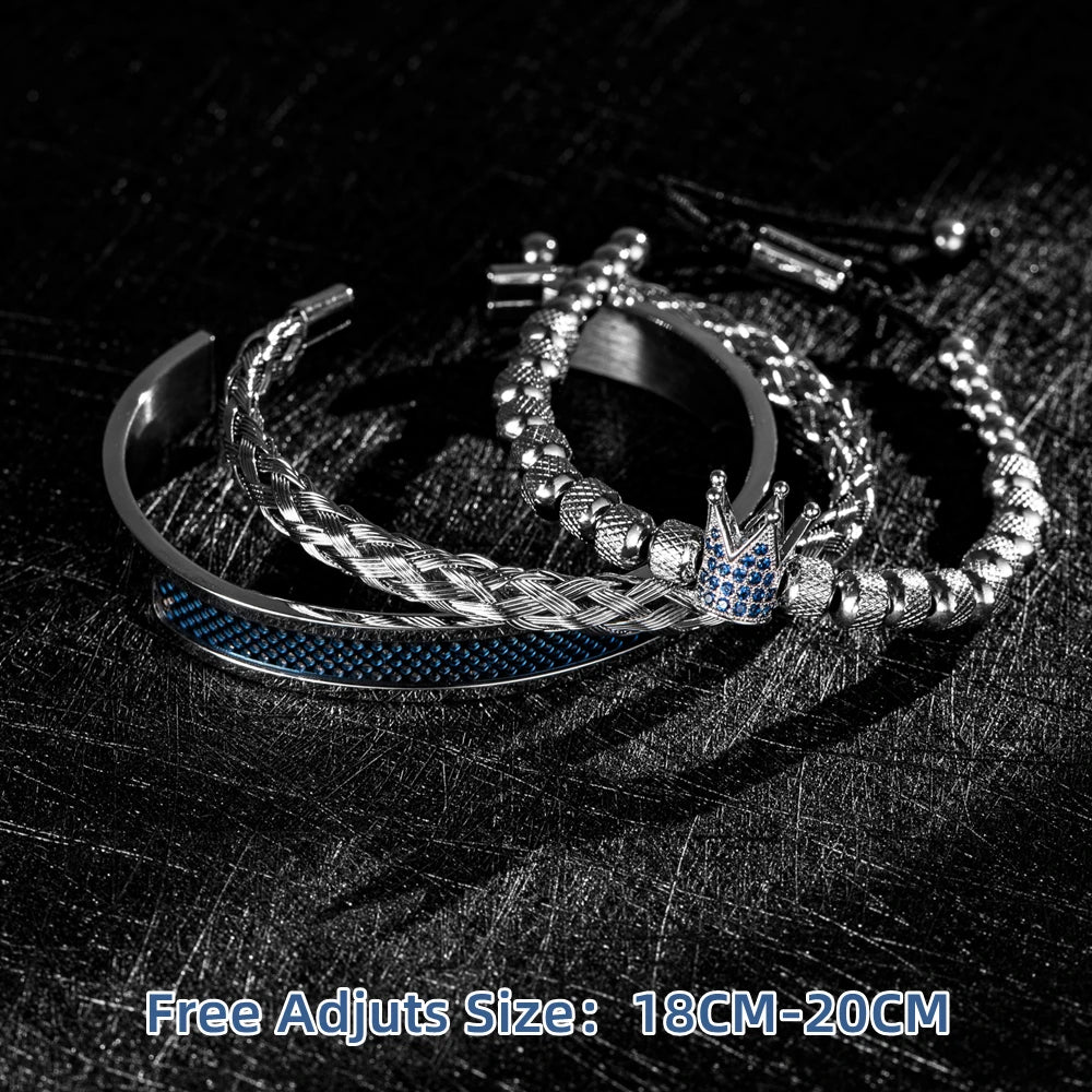 Luxury Set  Handmade Men Crown Bracelets Contrast Colour Bangles Hemp Rope Buckle Open Stainless Steel Micro Pave CZ Jewelry