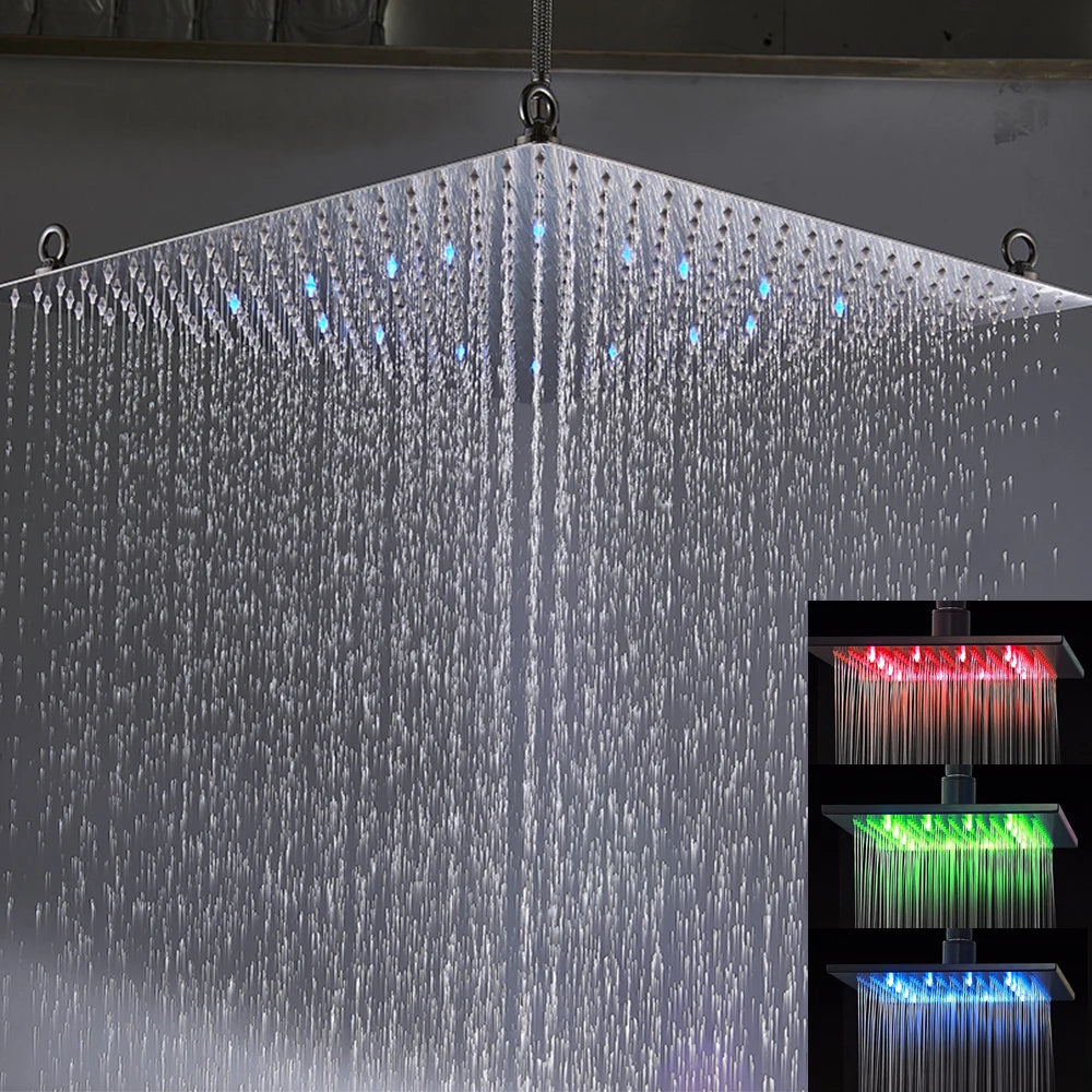 Black Rainfall Shower Head LED Light 20‘’ Large Rainfall Shower Faucet Head Square Brass Showerhead Color Changing Head