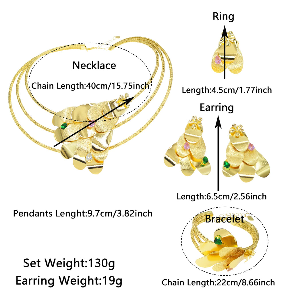 Fancy Scale Shape Flower Jewelry Set with Colorful Stone Choker Collar Brazalete Aretes Anillo 4PC Jewels Set for New Year Gift