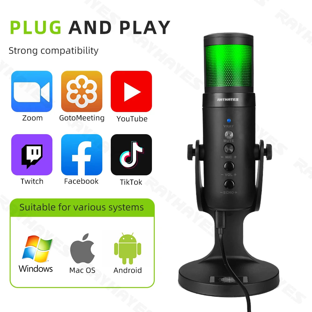 RAYHAYES JI-M90 RGB USB Microphone Condenser Gaming Mic for PC Phone Online Teaching Meeting Livestreaming