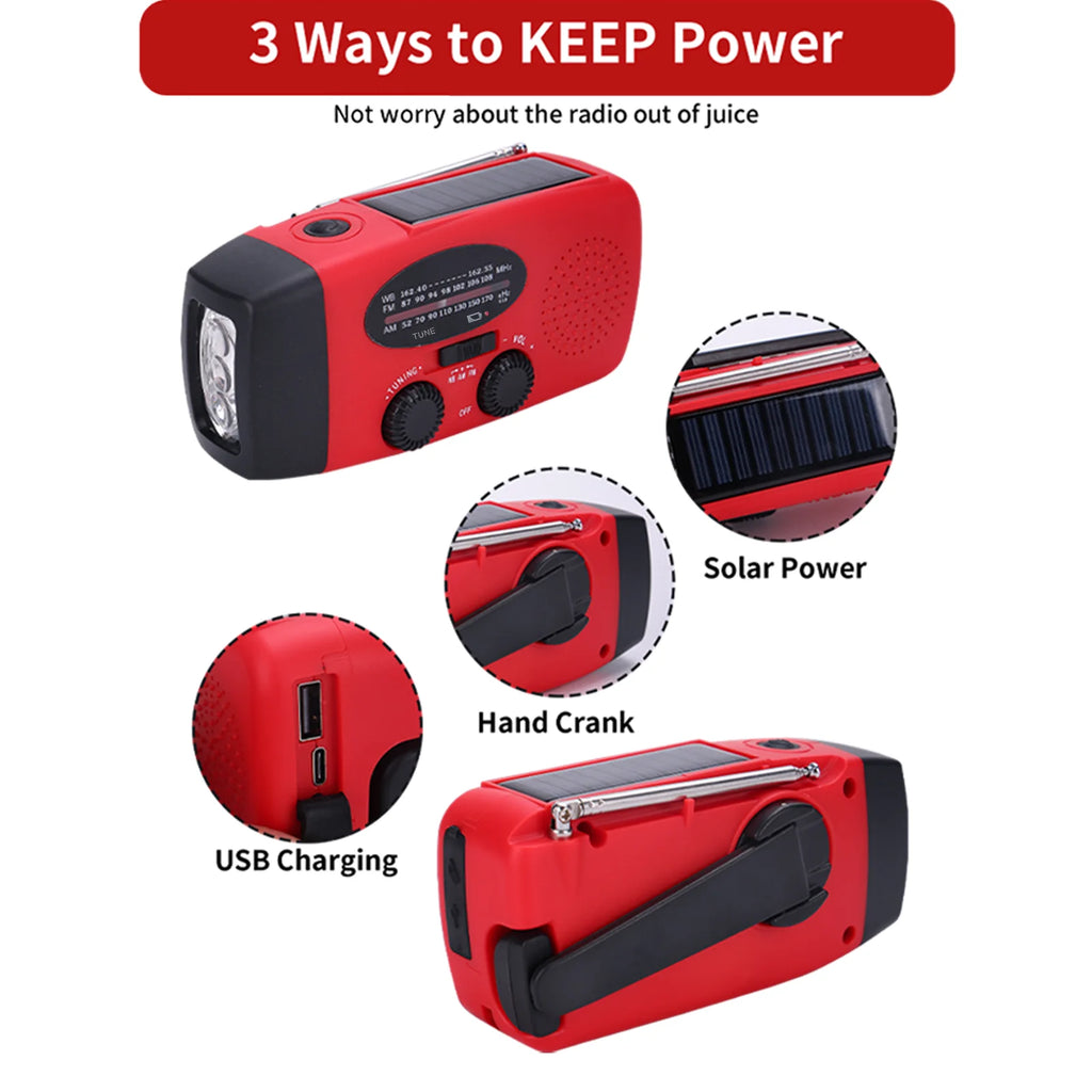 Multifunctional Waterproof Emergency Power USB Charger Solar Hand Crank Dynamo Portable AM/FM Radio 2000mAh Lithium-ion Battery