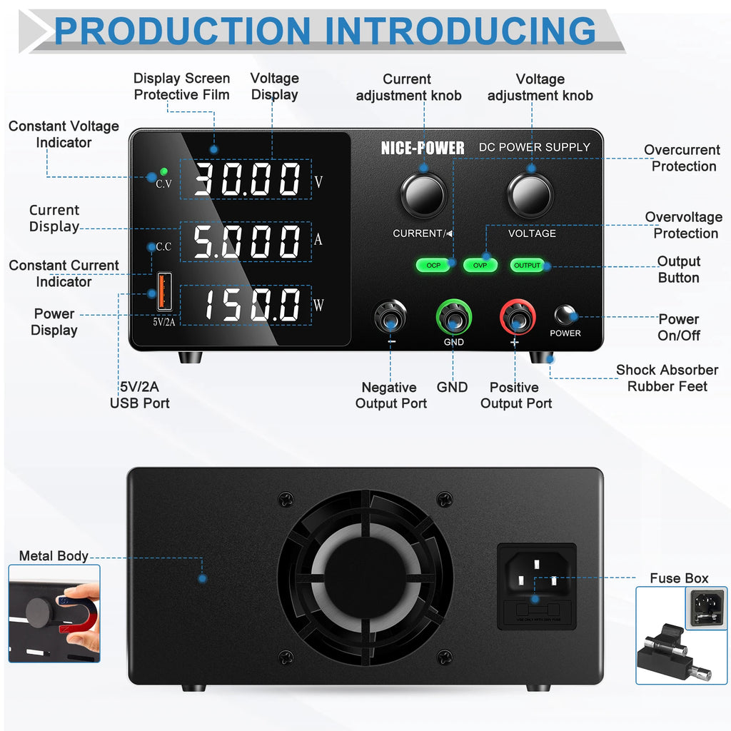 NICE-POWER Factory New 30V 5A Battery Charger Repair Encoder DC Lab Variable Power Supply USB for Moto Lead Acid Lithium Lifepo