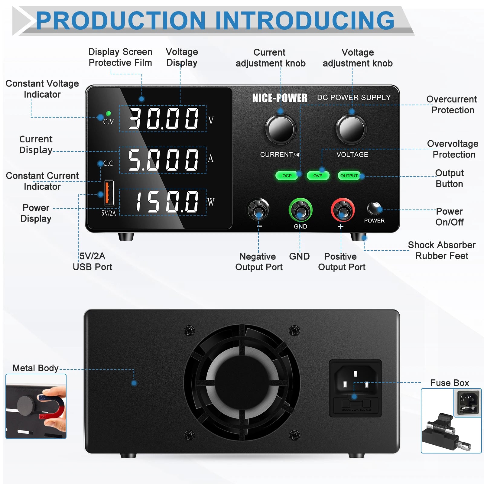 NICE-POWER Factory New 30V 5A Battery Charger Repair Encoder DC Lab Variable Power Supply USB for Moto Lead Acid Lithium Lifepo
