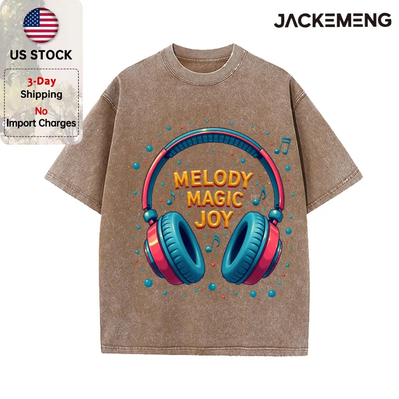 Oversized Vintage Retro Bubble Music Headphone Streetwear Print Tshirt USA Stock Wholesale Y2K Casual Tee