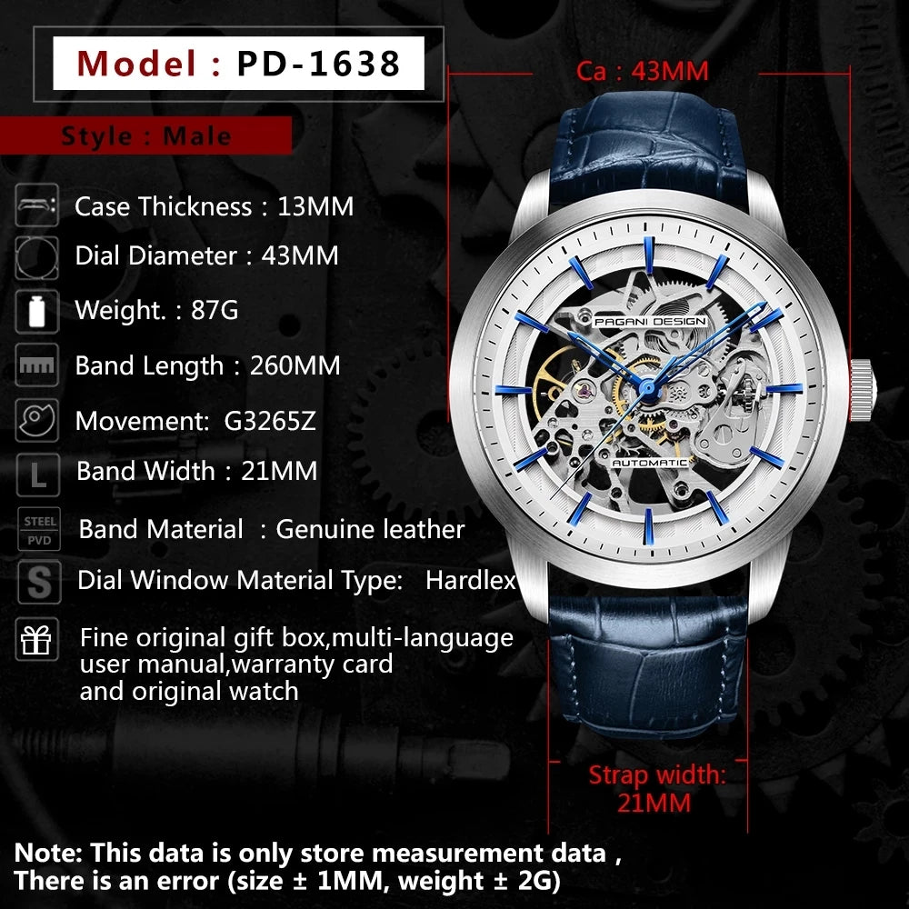 PAGANI DESIGN Brand Fashion Sports Leather Watches Men Luxury Automatic Mechanical Skeleton Waterproof Watches Relogio Masculino