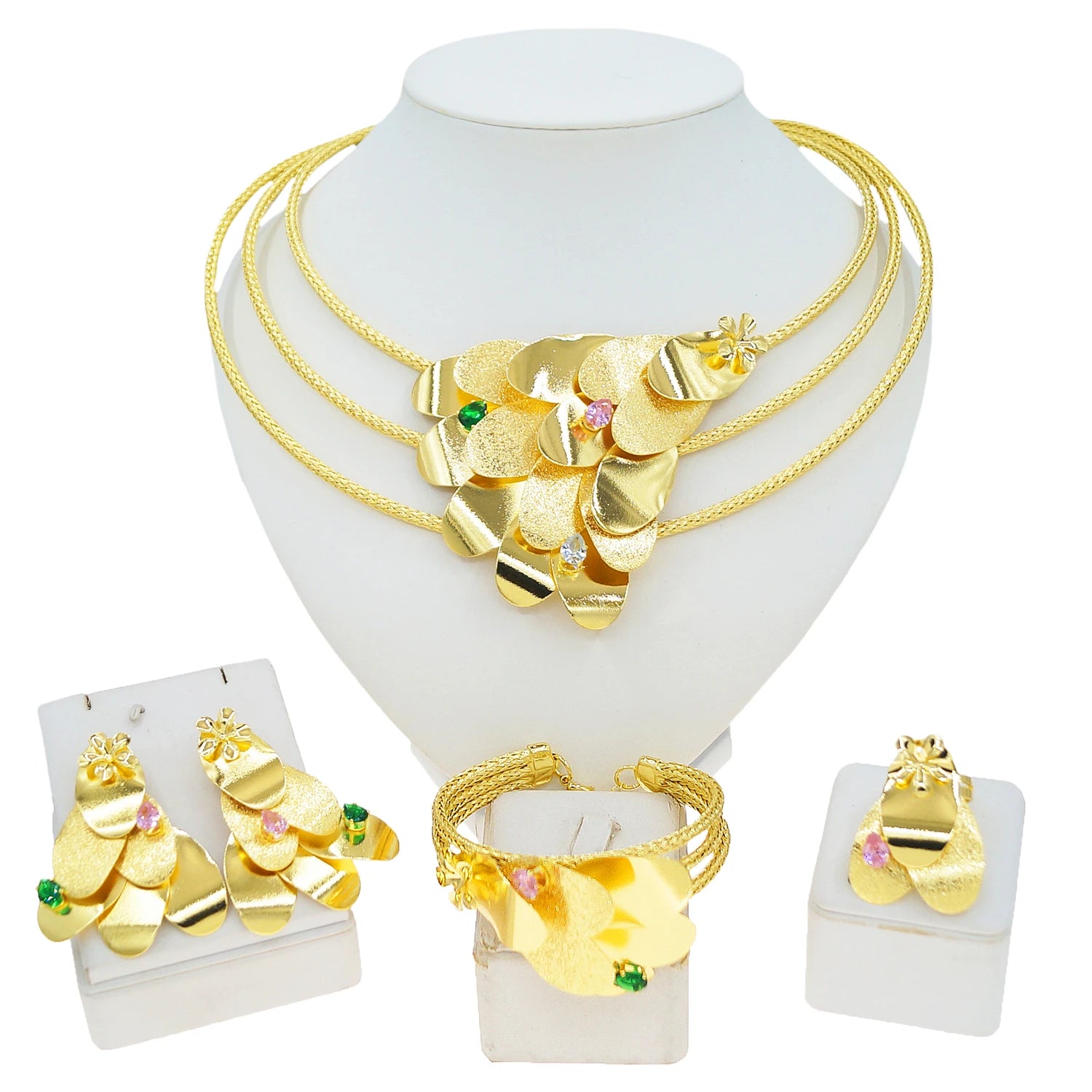 Fancy Scale Shape Flower Jewelry Set with Colorful Stone Choker Collar Brazalete Aretes Anillo 4PC Jewels Set for New Year Gift