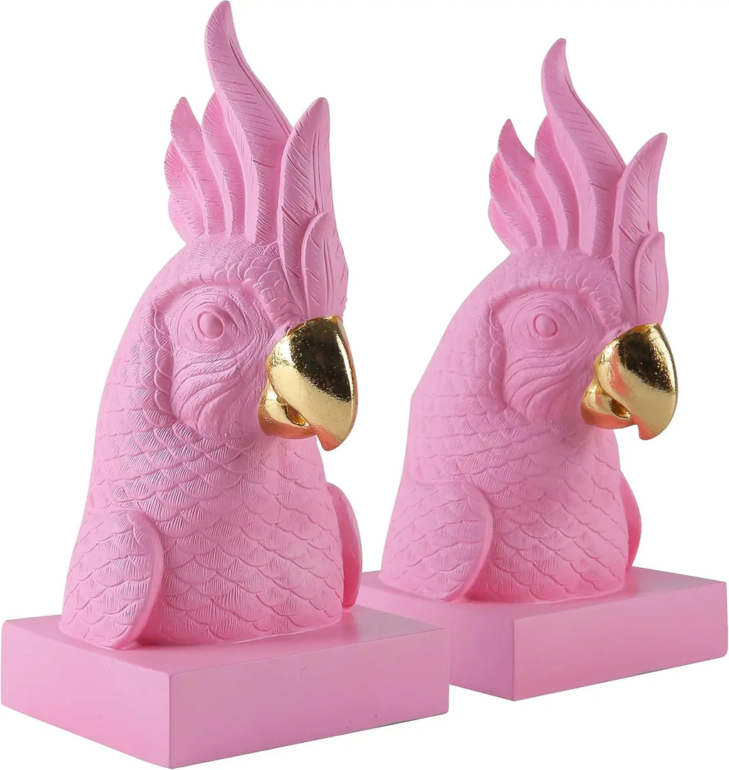 Pink Parrot Decorative Bookends Set of 2 Cute Bird Animal Sculpture Book Ends Resin Statues Book Stopper for Home Decor