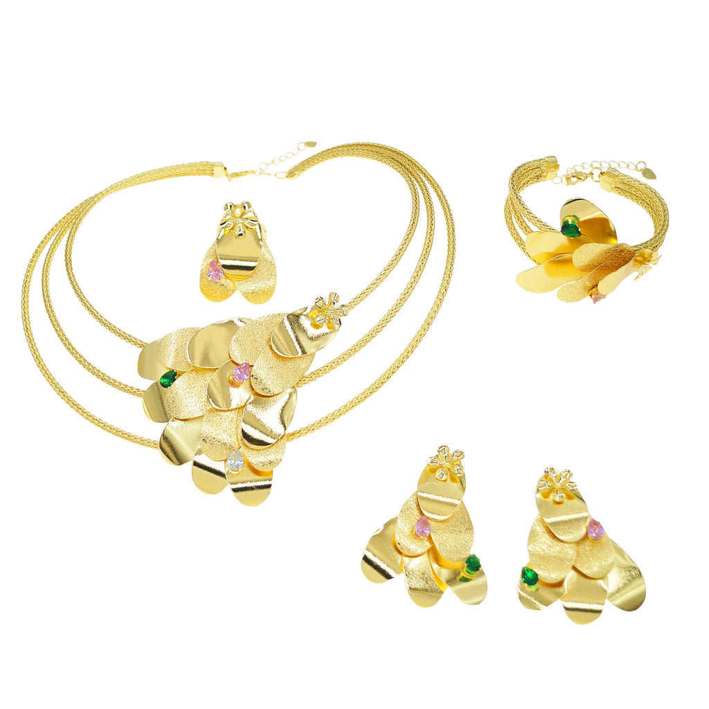 Fancy Scale Shape Flower Jewelry Set with Colorful Stone Choker Collar Brazalete Aretes Anillo 4PC Jewels Set for New Year Gift