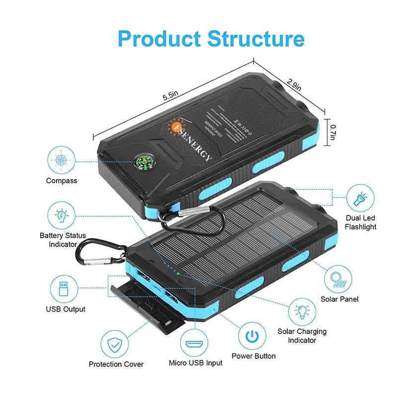 10000mah/20000mAh Fs-005 Waterproof Solar Panel Portable Power Bank Li-Polymer Battery Dual USB Cell Phone Charger