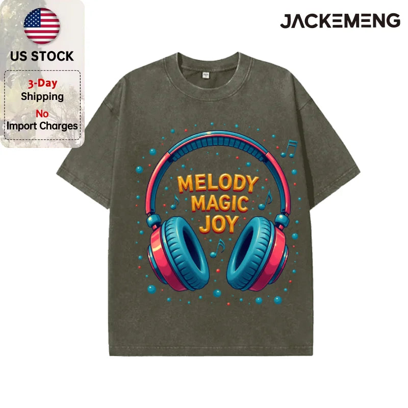 Oversized Vintage Retro Bubble Music Headphone Streetwear Print Tshirt USA Stock Wholesale Y2K Casual Tee