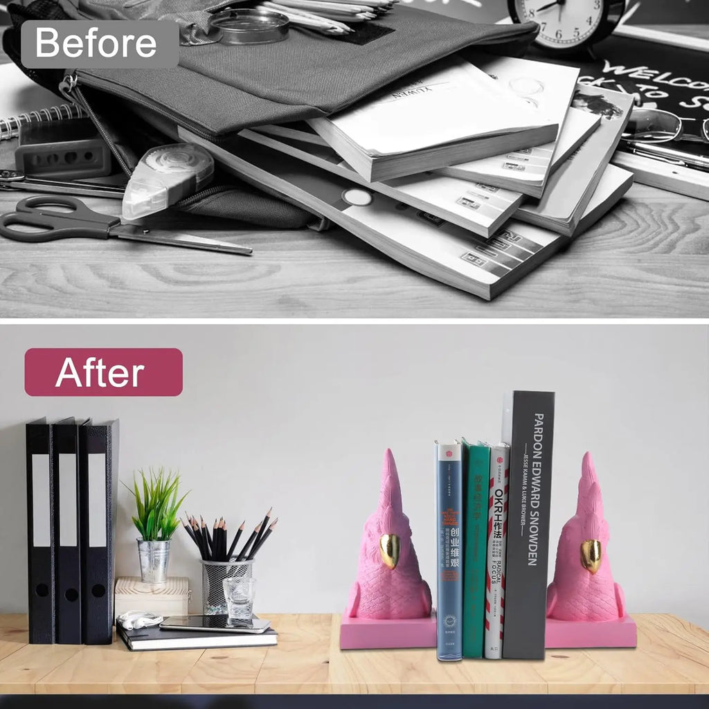 Pink Parrot Decorative Bookends Set of 2 Cute Bird Animal Sculpture Book Ends Resin Statues Book Stopper for Home Decor
