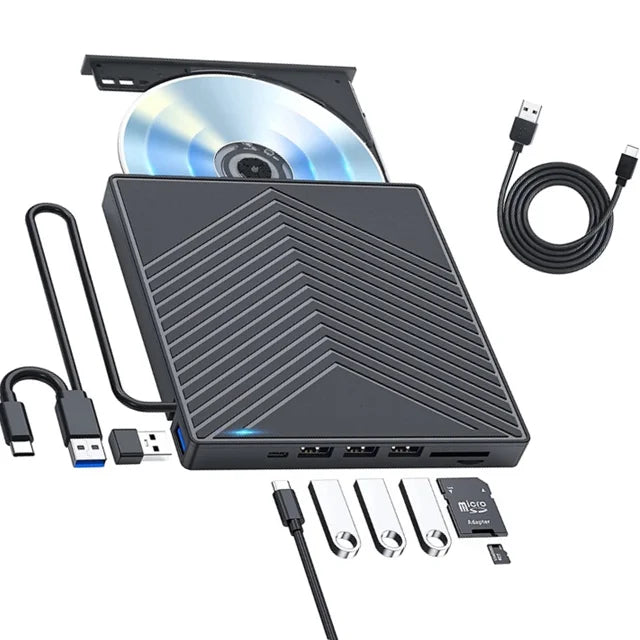 USB 3.0 Type C External CD DVD Drive with USB HUB Type-C SD Card Reader, CD DVD RW ROM Disk Player Burner Reader Writer Adapter