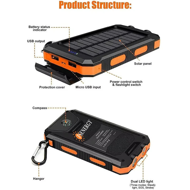 10000mah/20000mAh Fs-005 Waterproof Solar Panel Portable Power Bank Li-Polymer Battery Dual USB Cell Phone Charger
