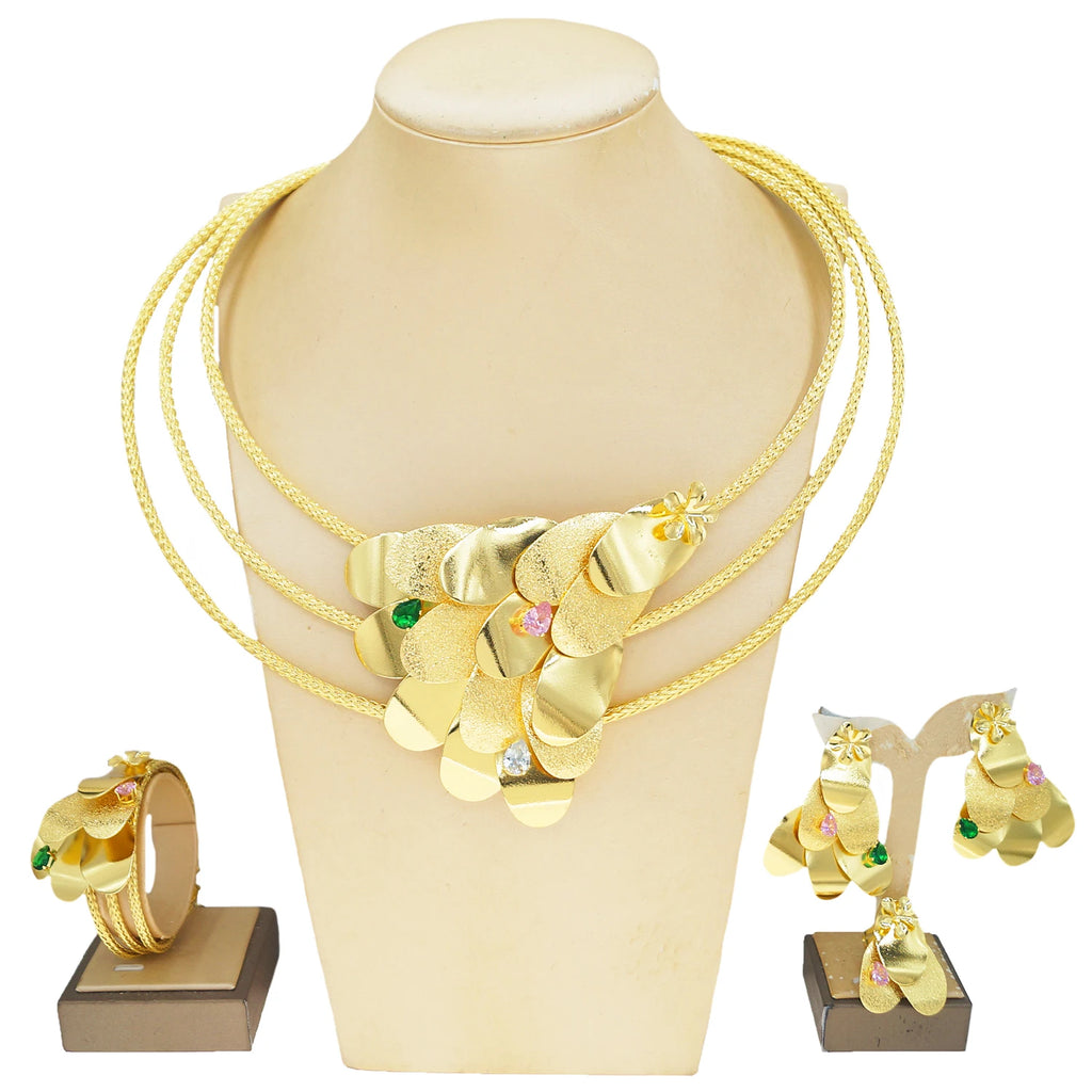 Fancy Scale Shape Flower Jewelry Set with Colorful Stone Choker Collar Brazalete Aretes Anillo 4PC Jewels Set for New Year Gift