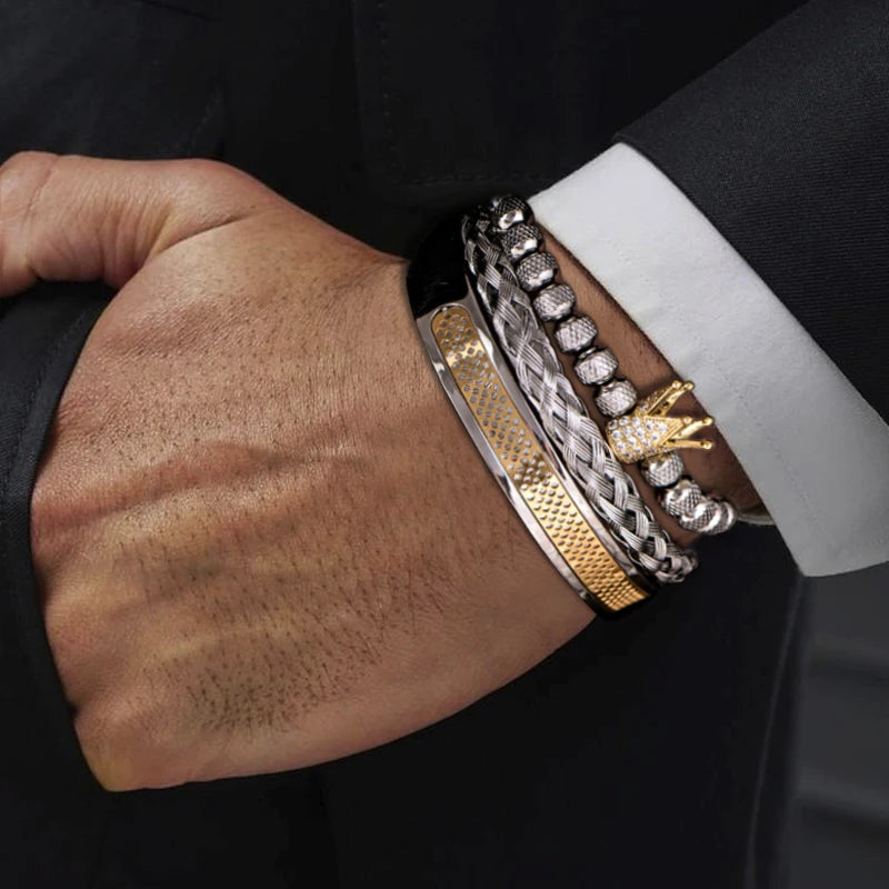 Luxury Set  Handmade Men Crown Bracelets Contrast Colour Bangles Hemp Rope Buckle Open Stainless Steel Micro Pave CZ Jewelry