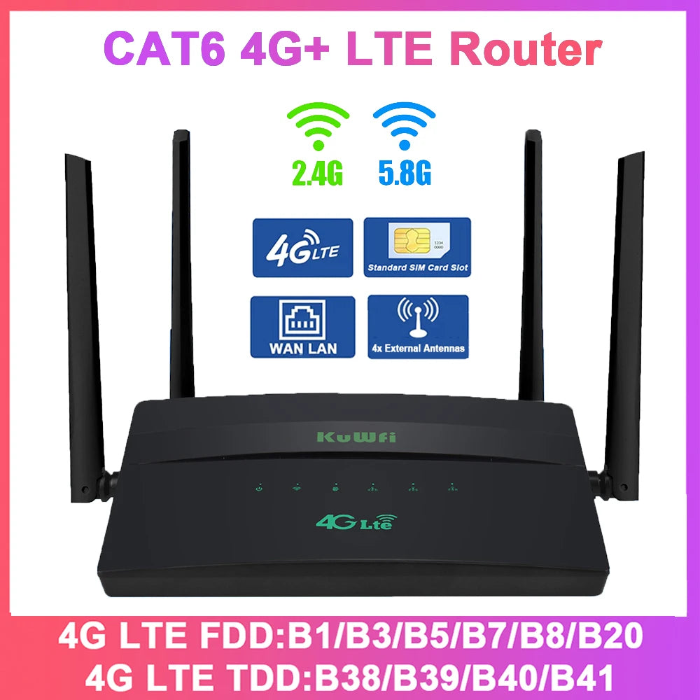 KuWFi 4G+ Router CAT6 LTE Modem AC1200 2.4G 5G Dual Band Wifi Router with SIM Card Slot 100M Ethernet Port 32 Users 4G to WiFi