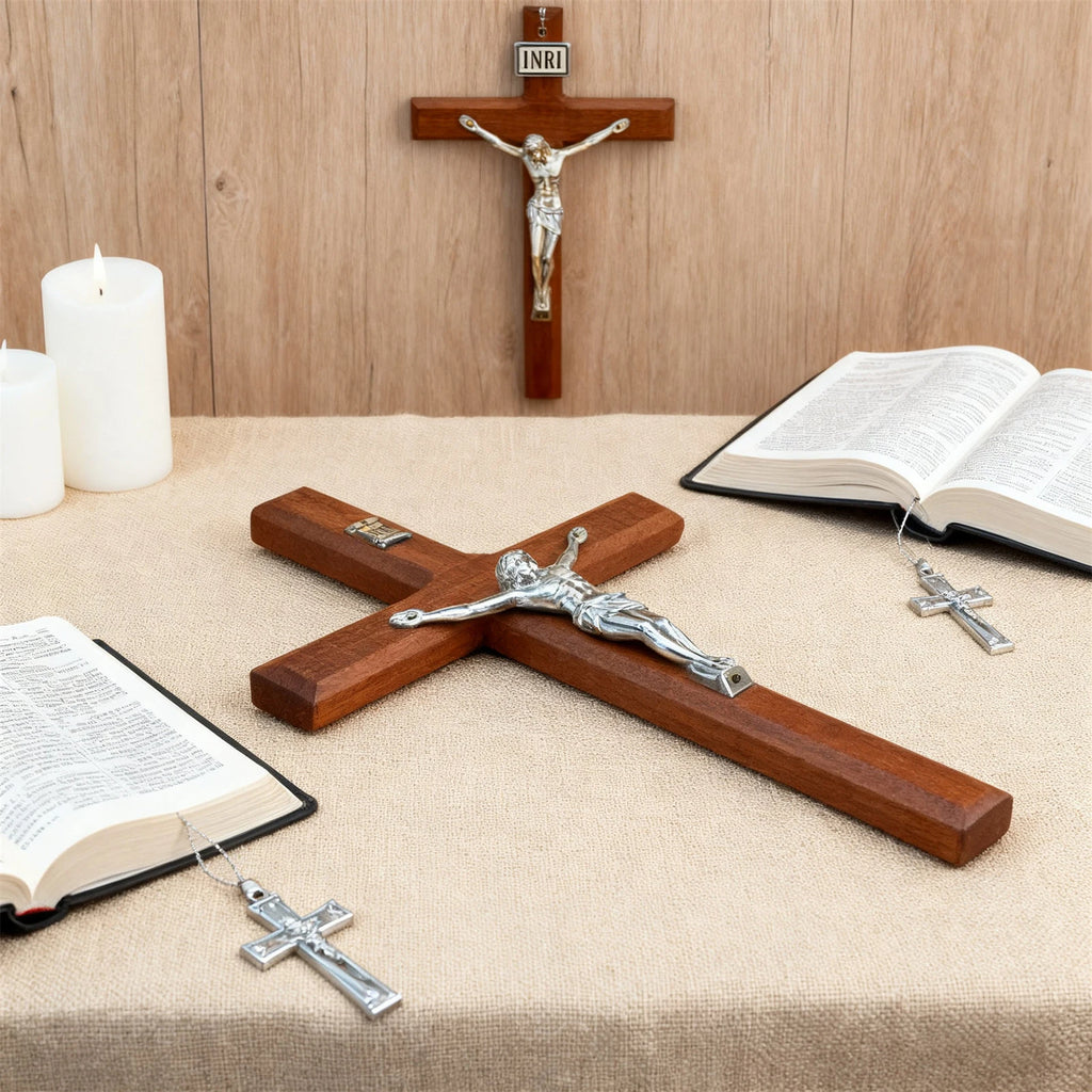 7.8 Inch Wooden Wall Cross Decor Hand Carved Catholic Home Decoration for Table or Wall Hanging Gift for Baptism Birthday