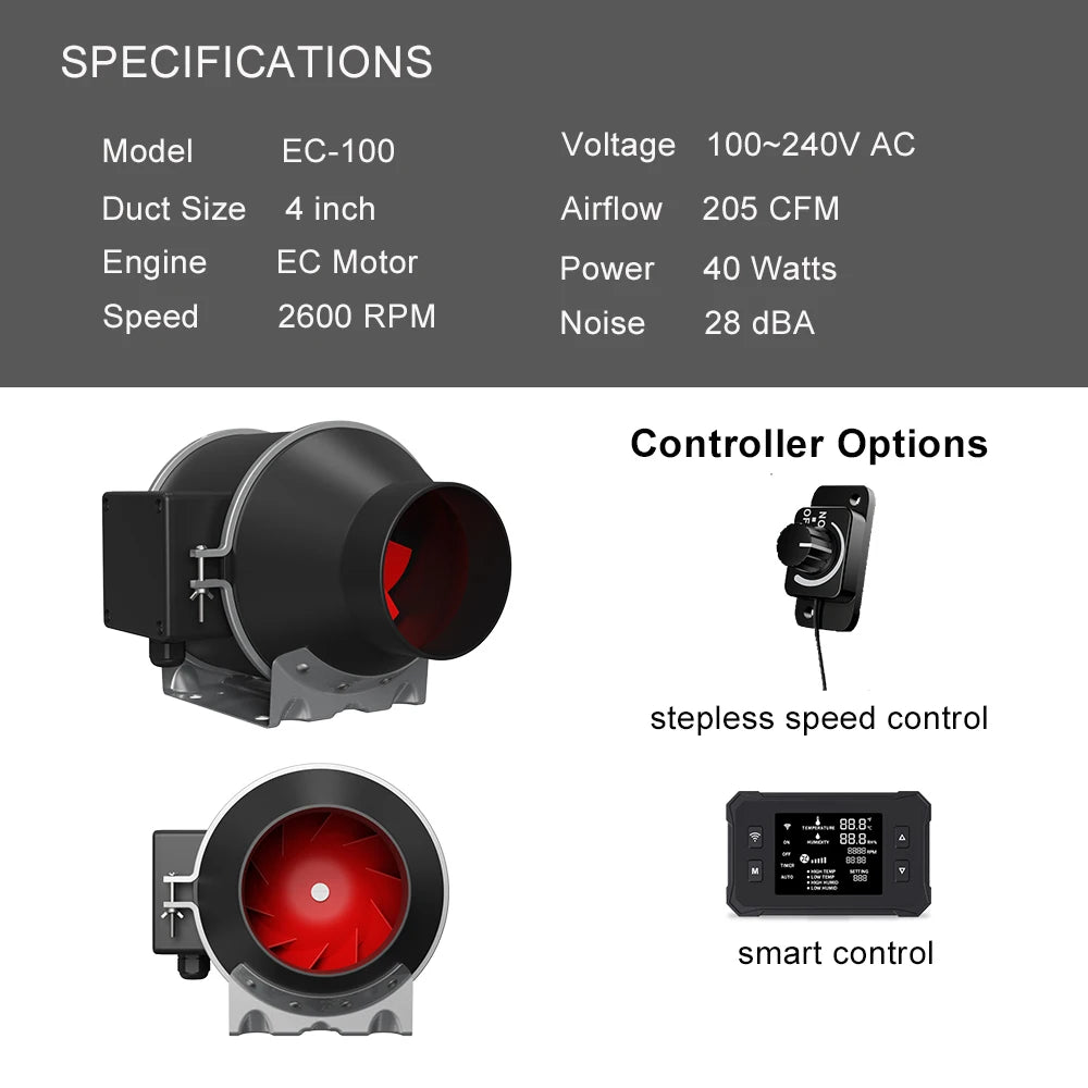 Inline Duct Fan EC Motor 4 Inch Ventilation Fan 110/220V For Heating Cooling, Hydroponic, Mushroom Growing, Bathroom Exhaust Fan