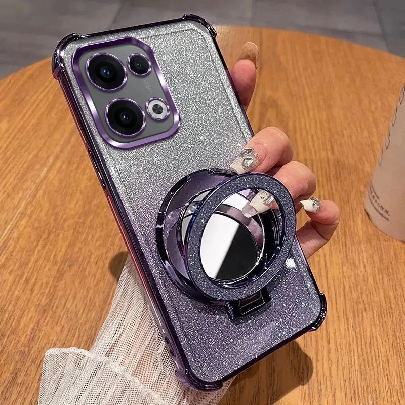 Glitter Shockproof Silicone Case For OPPO Reno 13 12 12F 11 11F 10 9 8 7 Pro Plus 4G 5G Mirror Magnetic Holder Stand Soft Cover