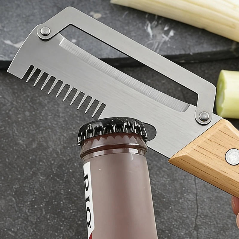 Multi-Functional Vegetable Peeler For Kitchen Ultra-Sharp Cutter Tool Stainless Steel Blade With Wooden Handle And Bottle Opener