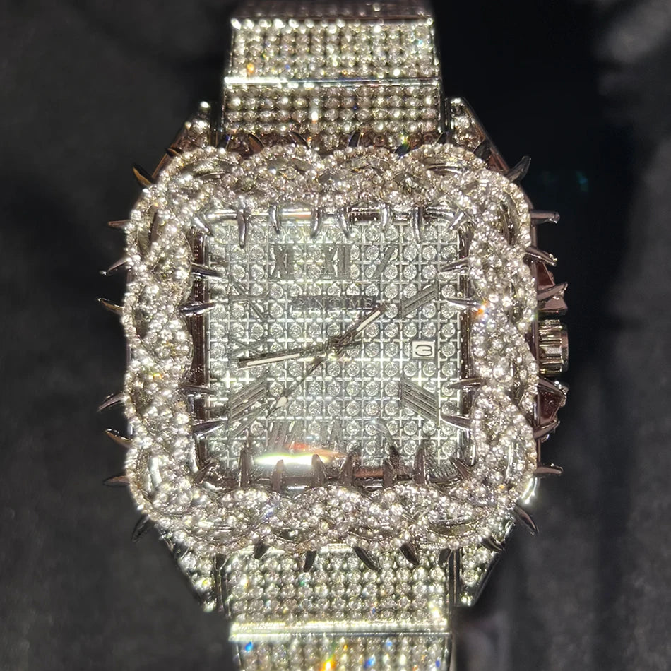 Black Spiked Diamond Quartz Watch Hip Hop Bling Full Crystal Wristwatch Men's Punk Style Daily Wear Jewelry with Gift Box