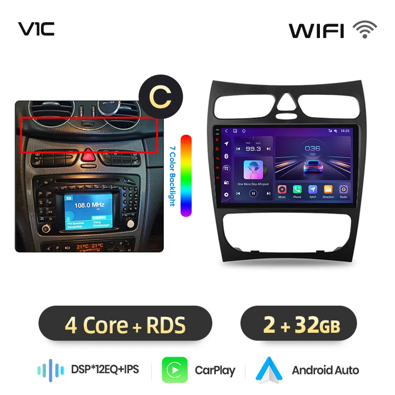 Junsun Wireless CarPlay Android Auto Car Radio For Mercedes-Benz C-Class (W203) / CLK-Class (C209/A209) 2000-2009 Built-in Cooling Fan Android GPS Navigation Multimedia Player WiFi DSP RDS BT SWC IPS Touch Screen Autoradio Vi