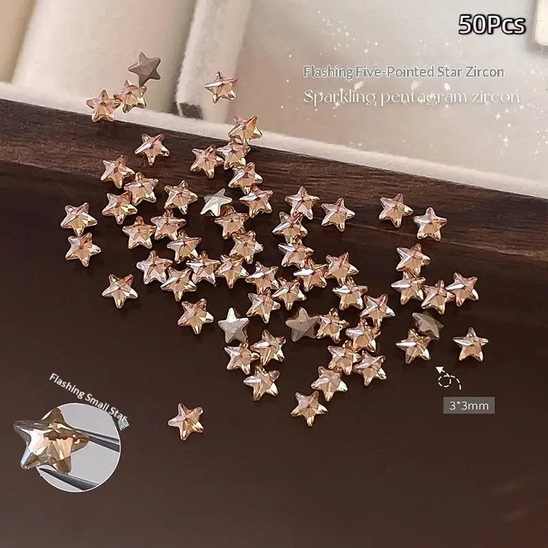 ●50Pcs/pack Star Zircon Nail Rhinestone Nail Art Charm Sparkle 3D Nail Rivet Flat Bottom Nail Decoration Parts