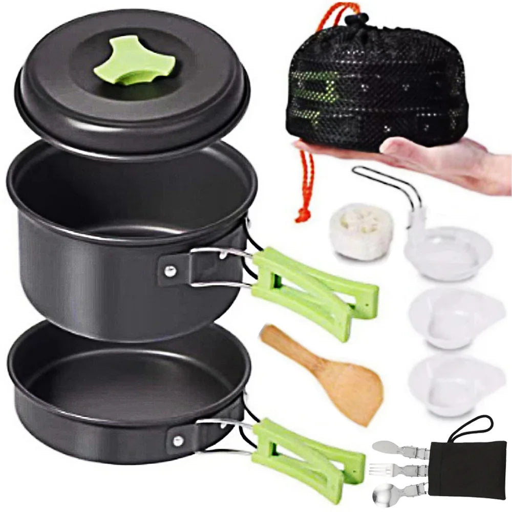 1.8L outdoor lightweight aluminum alloy mini cooking kit with non stick pot nested storage and portable design, easy to carry