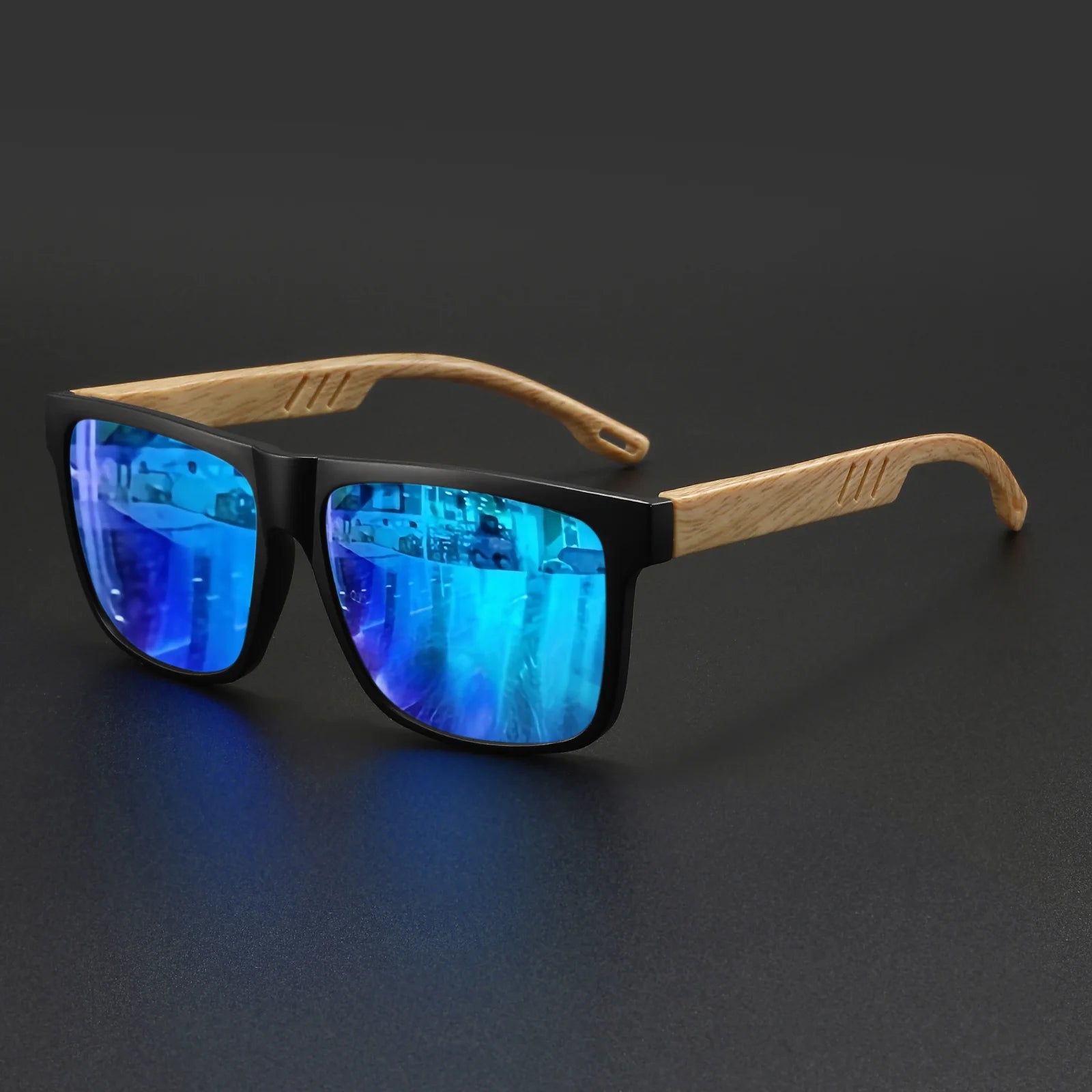 New Fashion Square Sunglasses - Wood Grain Spring Hinge, UV400 Unisex for Driving, Hiking & Travel