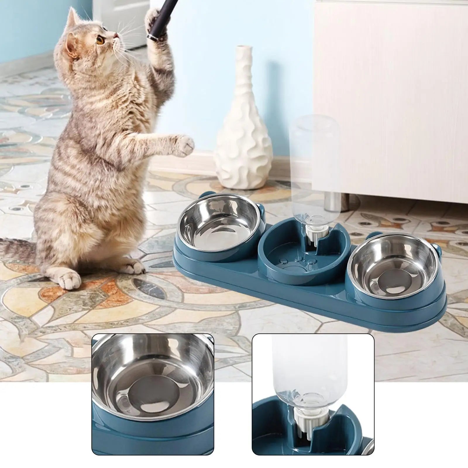 Triple Cat Bowl, Pet Food And Water Bowl, Tilted at 15°, 3 in 1, for Wet And