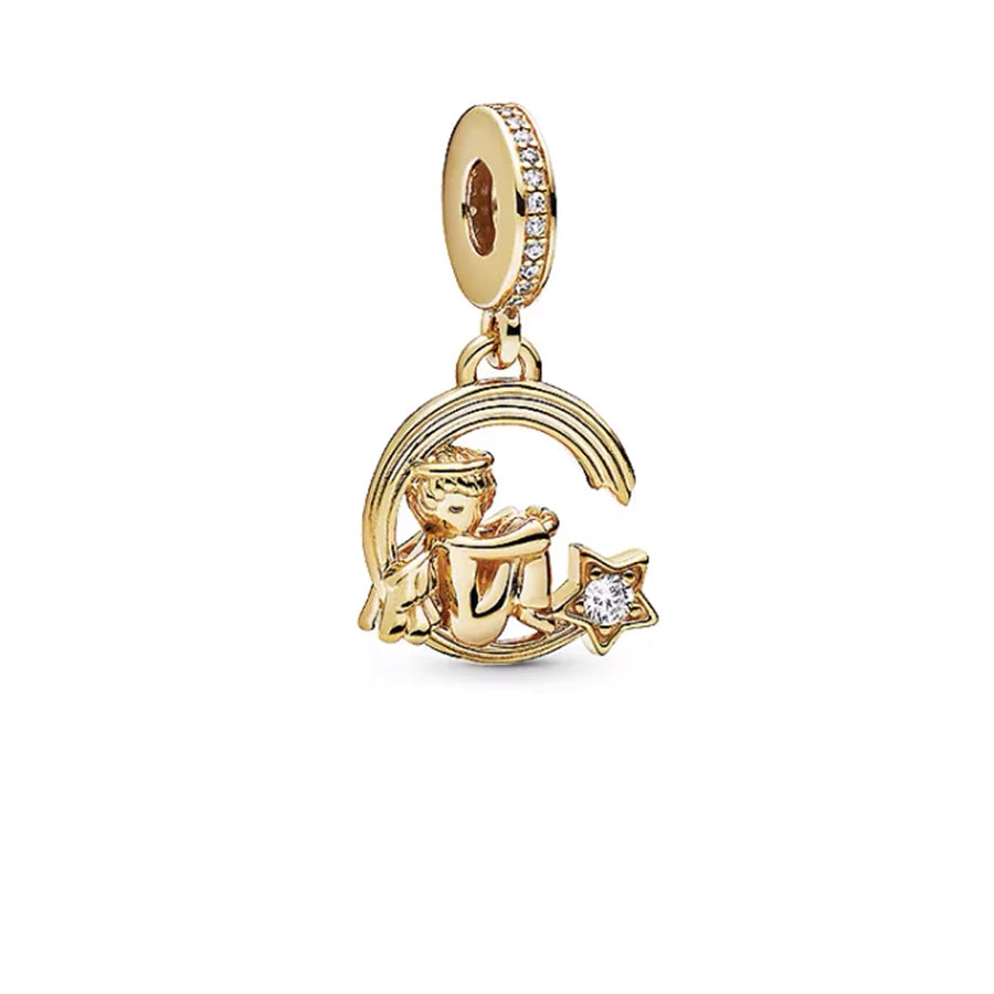 Gold Plated CZ Charms Fit Original Bracelet 925 Sterling Silver Core Heart Star Flower Dangle Beads Luxury DIY Jewelry Gift