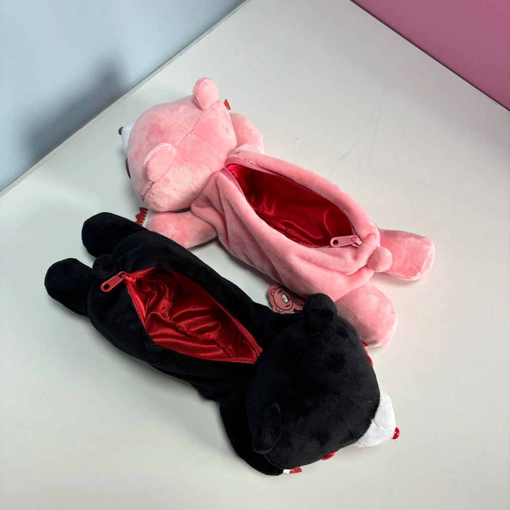 Cute Cartoon Bear Plush Pencil Case, Pink/Black Soft Stuffed Bear Pen Pouch, Creative Stationery Storage Bag for Students