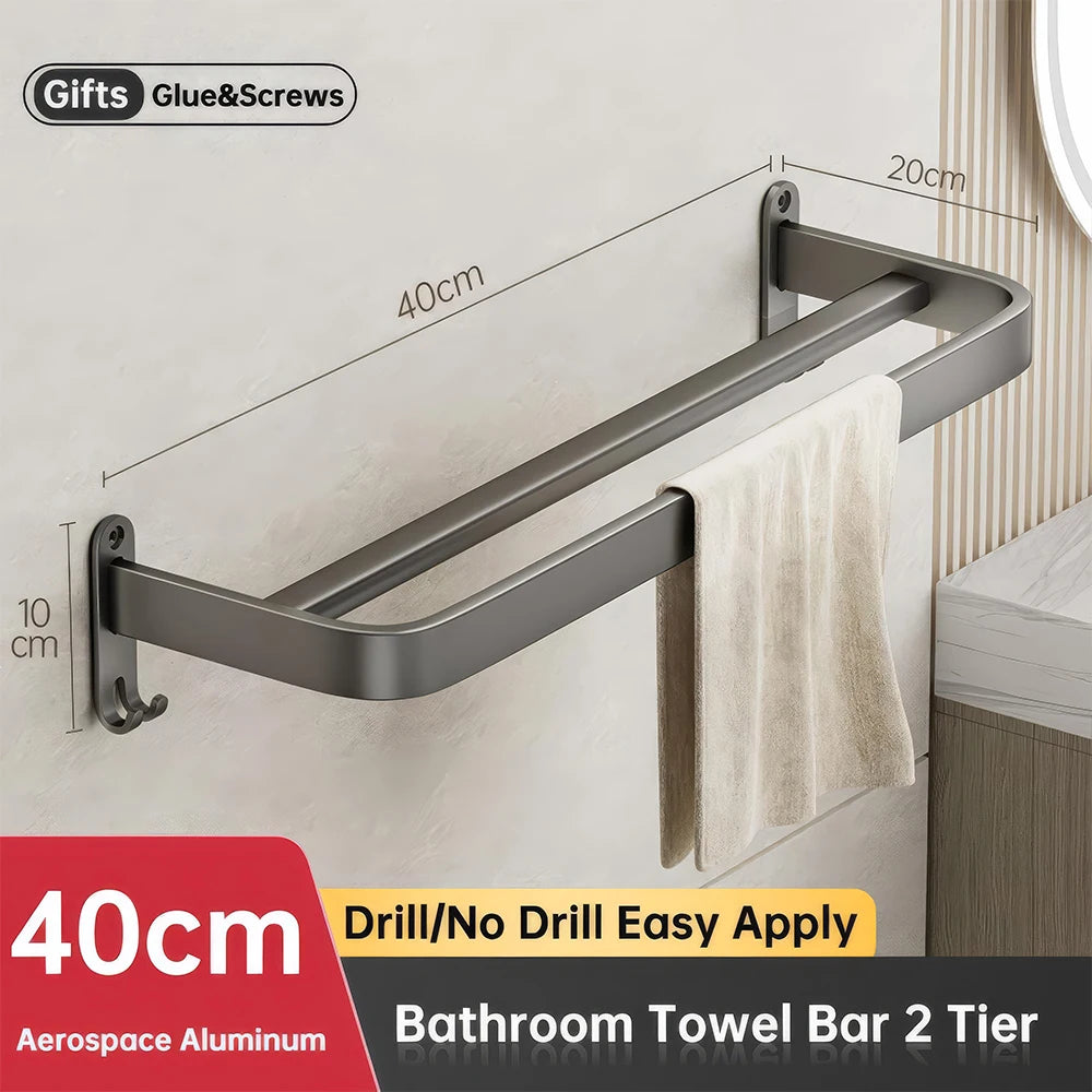 ORIENTAL YUHONG Aluminium Towel Rack Holder Double Bar Towel Hanger No Drill Wall Mount Shelf 40/50/60CM Bathroom Accessories