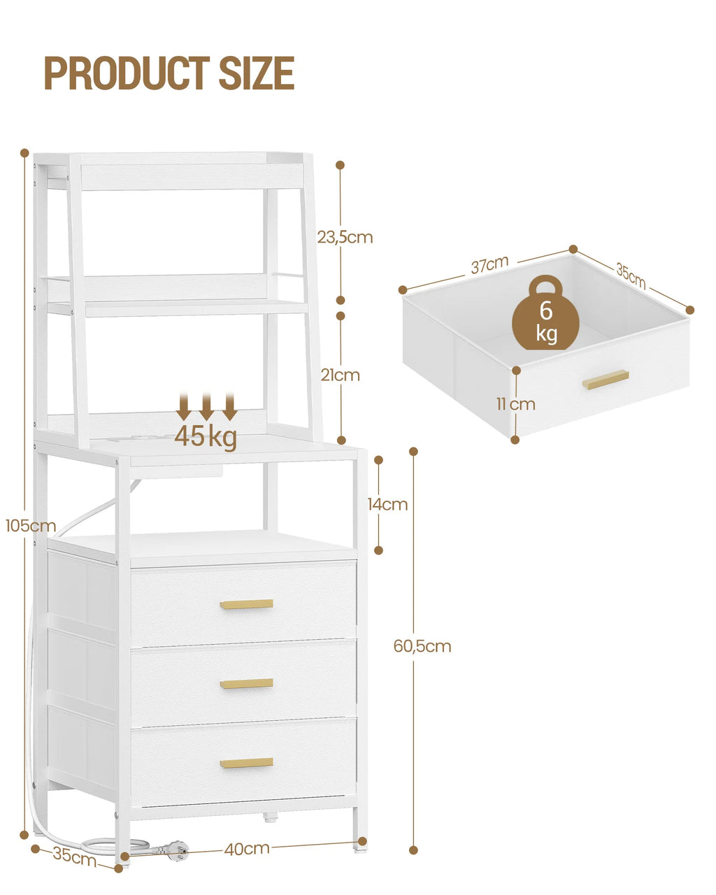 Bedside Table with Charging Function and Storage Compartment Metal 2 Sockets and 2 USB Ports Side Table with 3 Drawers Modern