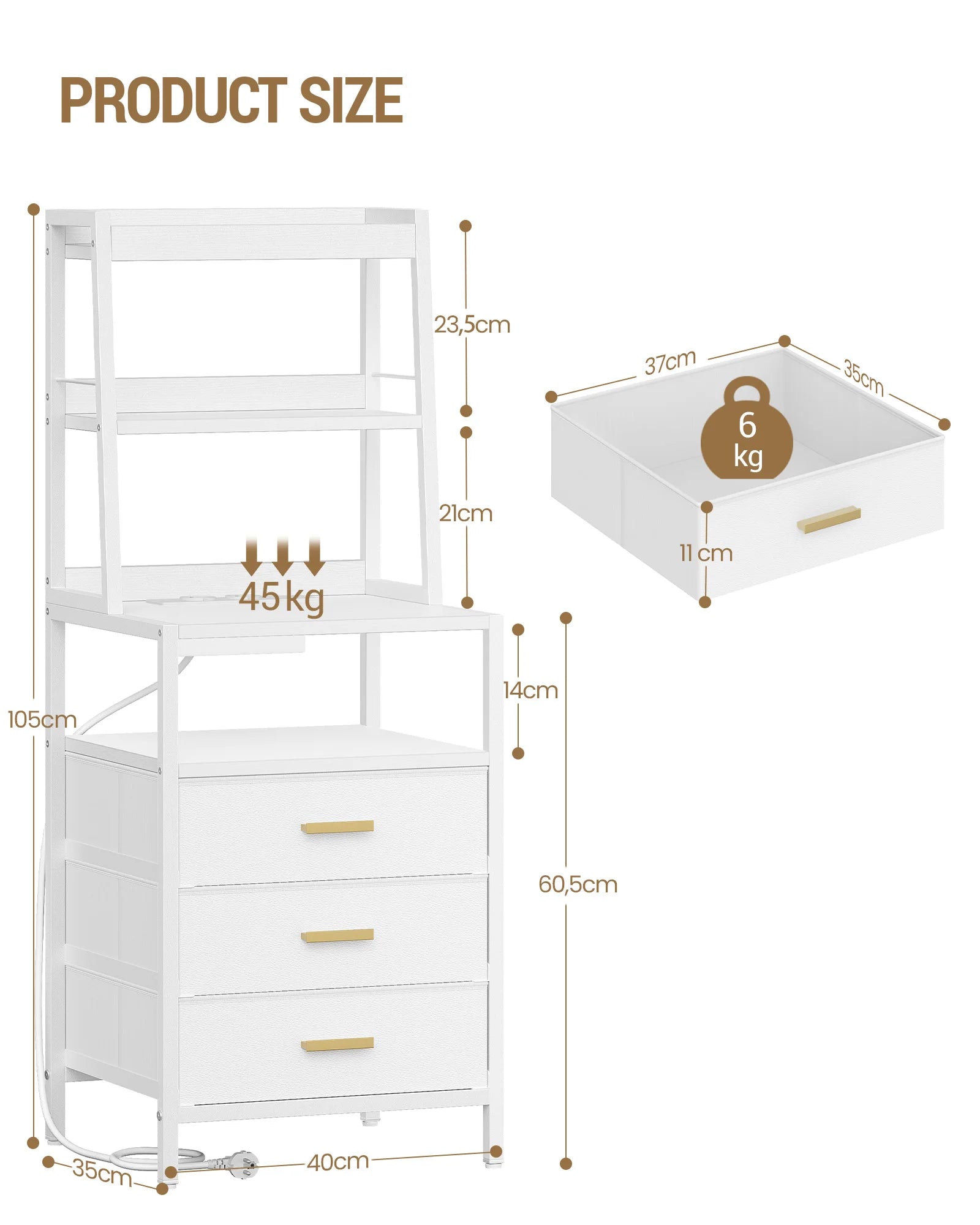 Bedside Table with Charging Function and Storage Compartment Metal 2 Sockets and 2 USB Ports Side Table with 3 Drawers Modern