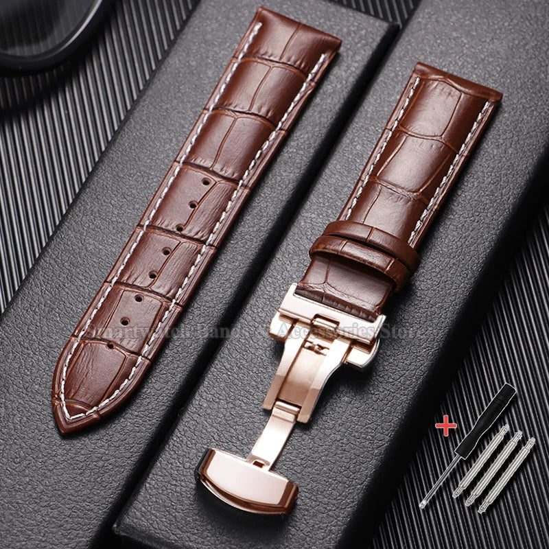 10/12/14/15/16/17/18/19/20/21/22/23/24mm Cowhide Leather Watch Strap Waterproof Sport Wrist Band Metal Butterfly Buckle Bracelet