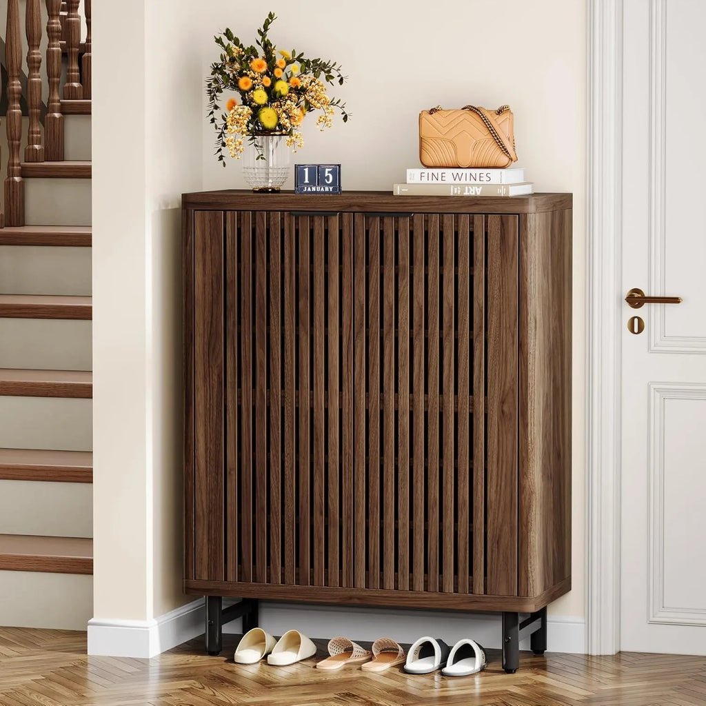 LITTLE TREE 6-Tier Shoe Cabinet with Doors, Wooden Organizer with Adjustable Shelves, Storage Furniture for Entryway, Hallway