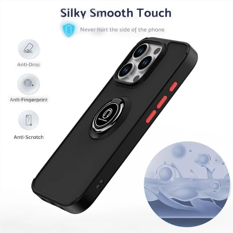 Shockproof Matte Hard PC Armor Case For iPhone 16 15 14 13 12 11 Pro Max Mini XS XR X 16e Car Magnetic Holder Ring Stand Cover