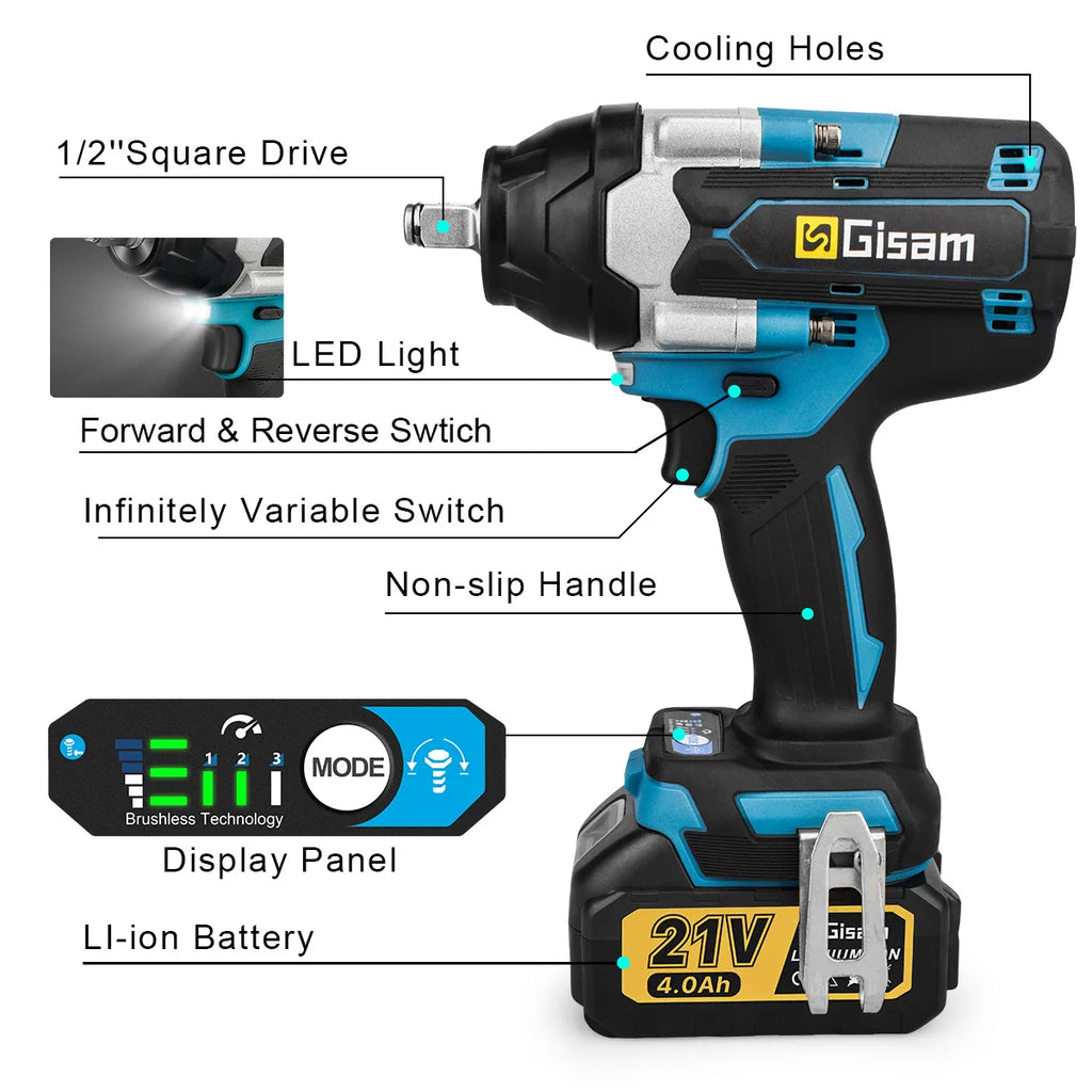 Gisam 1600N.M Brushless Electric Impact Wrench 1/2 inch Lithium-Ion Battery Cordless Wrench Power Tool For Makita 18V BatteryPin