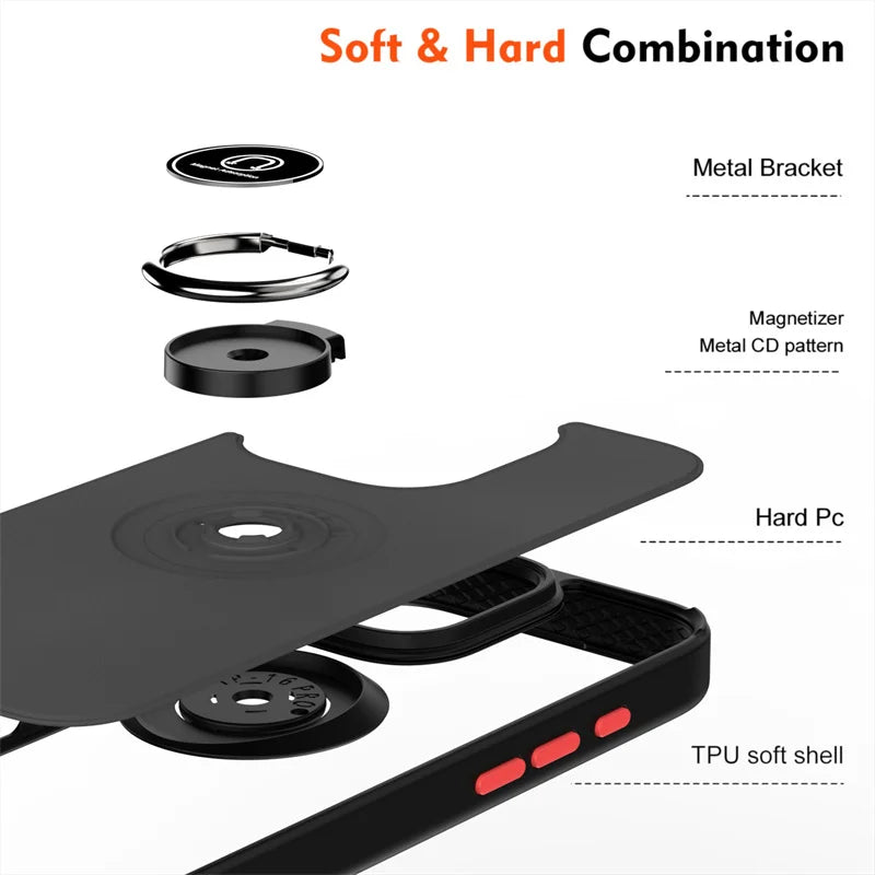 Shockproof Matte Hard PC Armor Case For iPhone 16 15 14 13 12 11 Pro Max Mini XS XR X 16e Car Magnetic Holder Ring Stand Cover