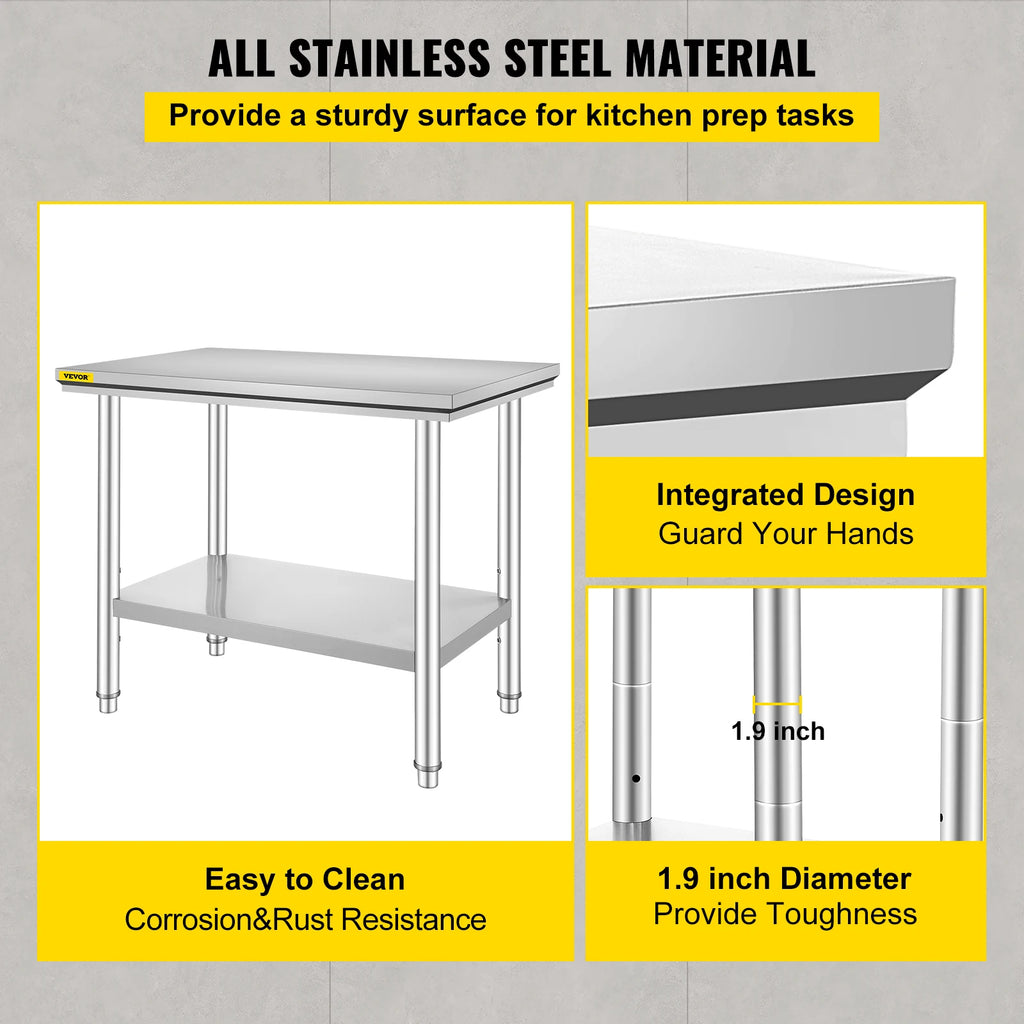 SucceBuy Kitchen Work Bench Commercial Catering Table Worktable with Undershelf Stainless Steel 330LBS 286LBS Restaurant Garage