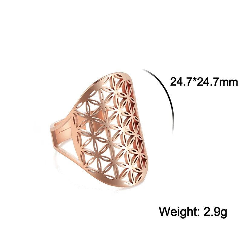Stainless Steel Big Hollow Flower Of Life Ring Adjustable Sacred Geometry Rings For Women Men Jewelry