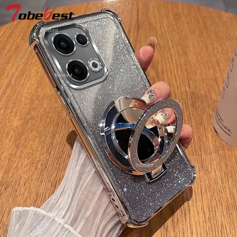 Glitter Shockproof Silicone Case For OPPO Reno 13 12 12F 11 11F 10 9 8 7 Pro Plus 4G 5G Mirror Magnetic Holder Stand Soft Cover