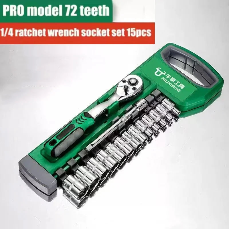 Drive Socket Set 1/4"-3/8",CR-V Metric and Imperial Sockets with Quick-Release Ratchet Wrench,pro model 72 teeth, Sockets