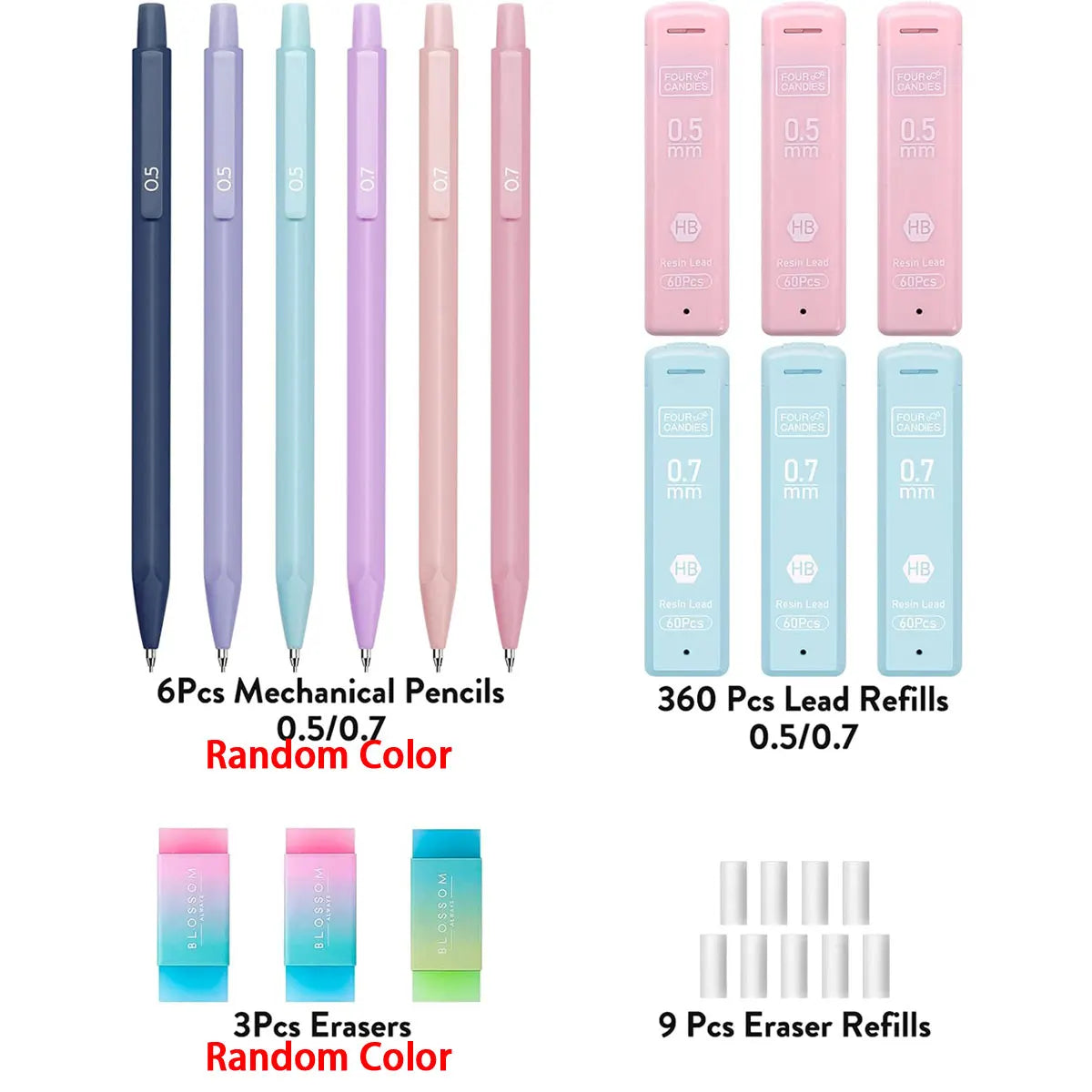 Cute Mechanical Pencil Set 6 Pastel Mechanical Pencils 0.5 0.7mm 120 HB Leads 3 Erasers 9 Eraser Refills Aesthetic School Supply