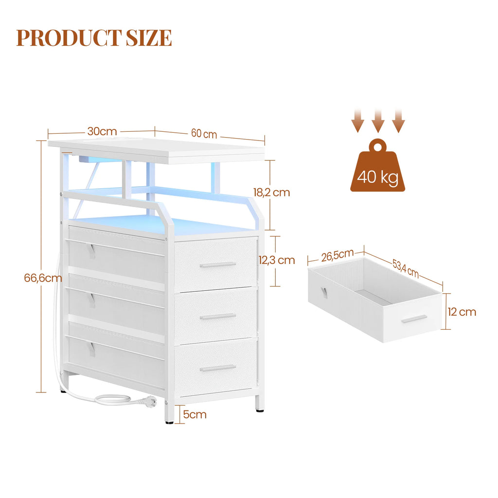 Side Table with Power Strip, Bedside Table with LED Light, Nightstand with 3 Drawers, 2 AC Outlets and 2 USB Ports